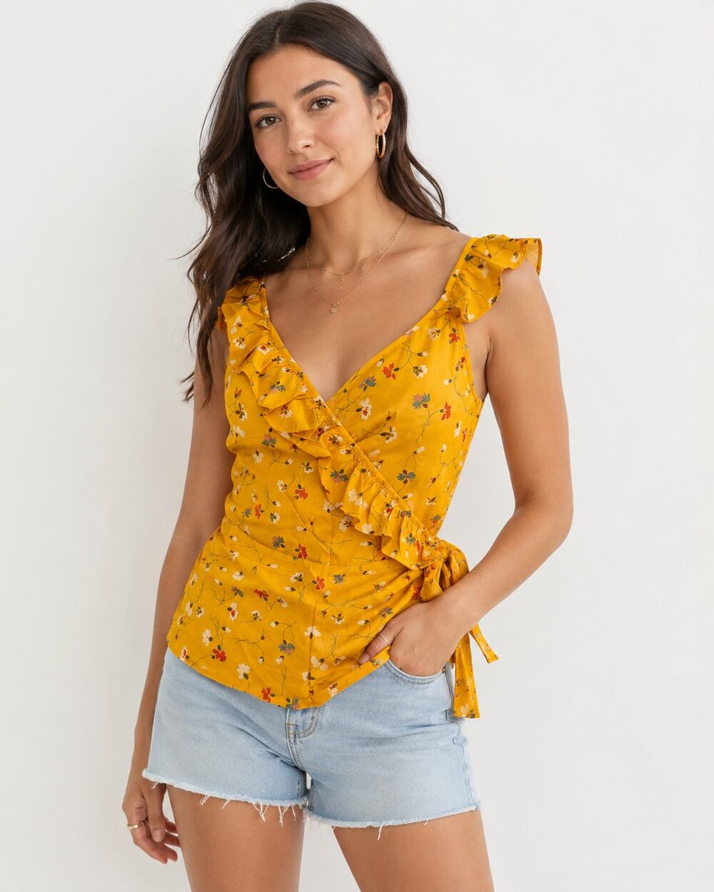 Madewell Yellow Floral Flutter Sleeve Wrap Top Blouse XXS Romantic Ruffled Girly